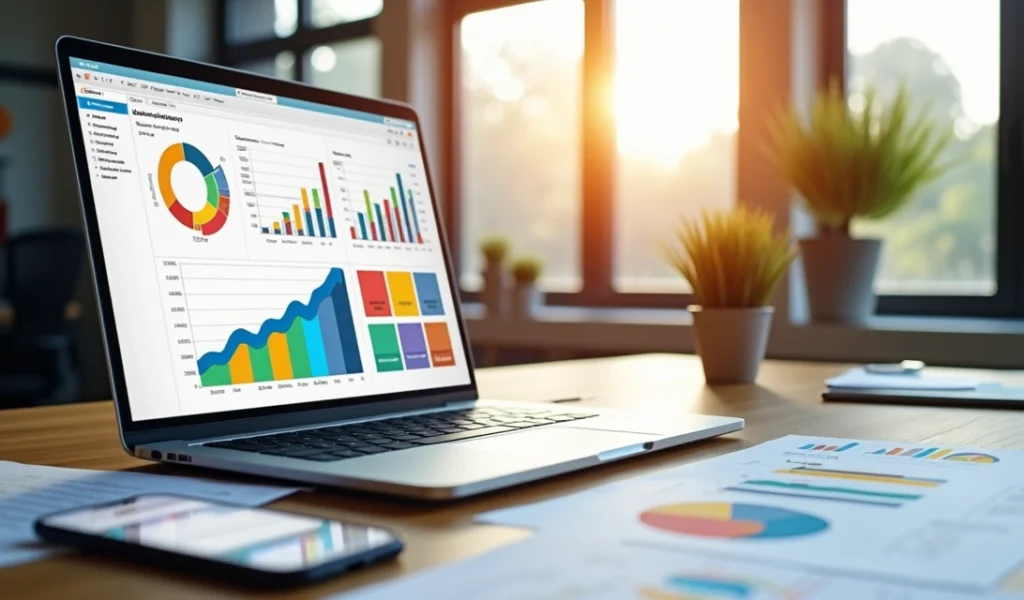 Mesa de trabalho com laptop, smartphone, gráficos de marketing digital, elementos de redes sociais e ícones de SEO em ambiente moderno e iluminado