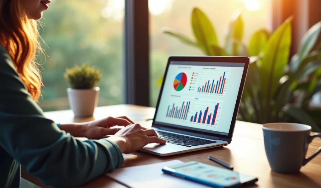 Empreendedora usando laptop com gráficos de marketing digital em tela rodeada de anotações e celular com redes sociais abertas