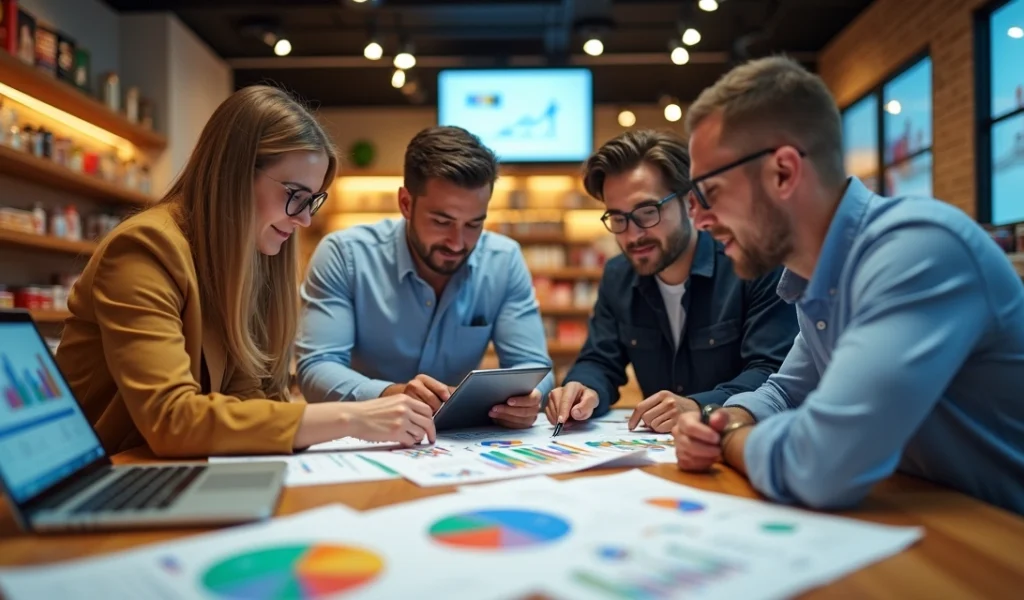 estrategias-marketing-loja-varejo-678.webp Varejista e equipe analisando estratégias de venda com gráficos digitais e planos na mesa