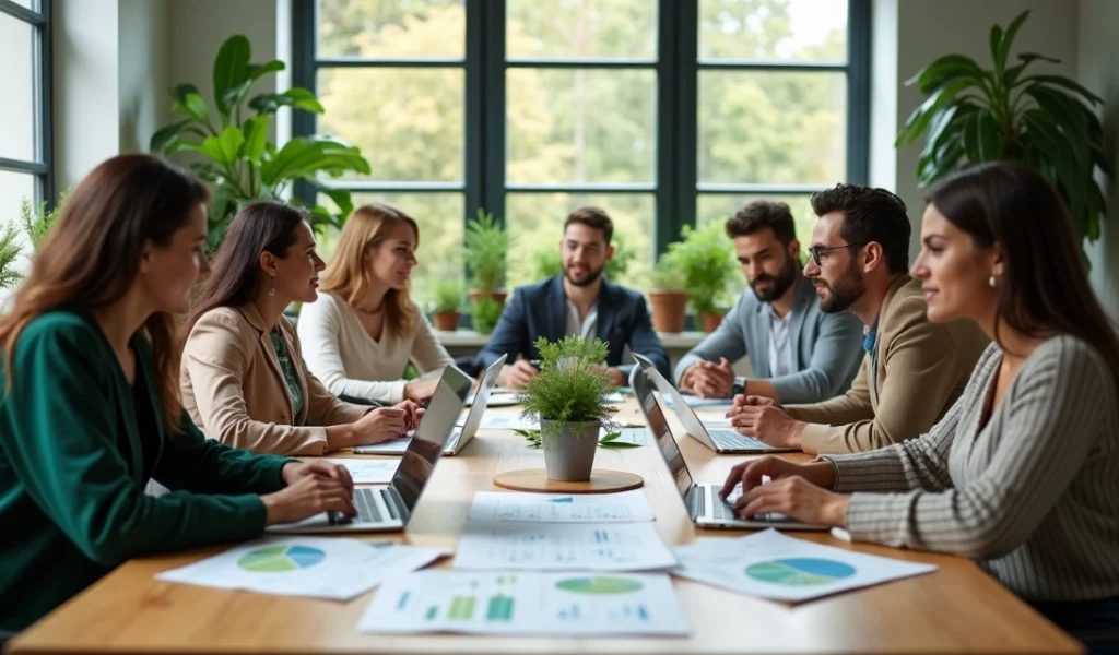 Mesa de reunião com profissionais discutindo estratégias de marketing sustentável, com gráficos e plantas sobre a mesa
