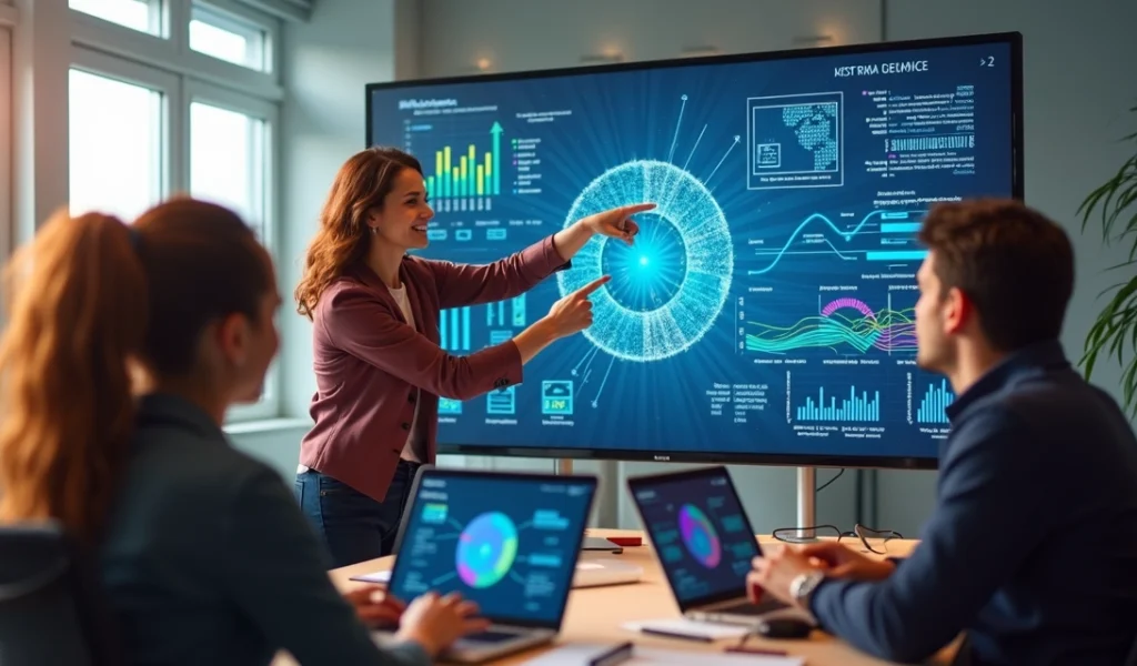Ilustração detalhada de profissionais de marketing digitais analisando gráficos e perfis de personas em telas de computador