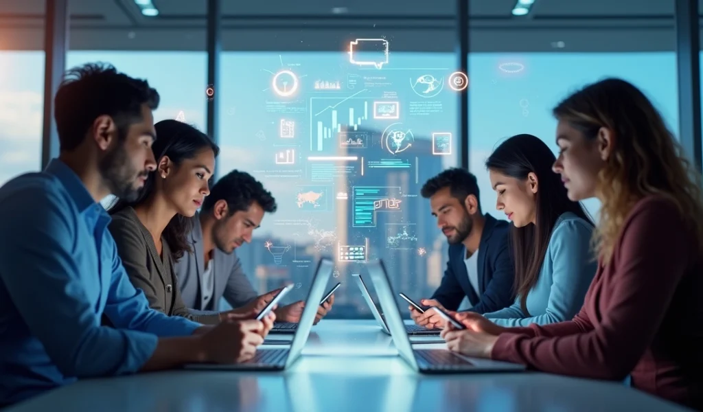 Equipe de marketing digital usando laptops e smartphones em ambiente moderno com gráficos e ícones digitais flutuantes