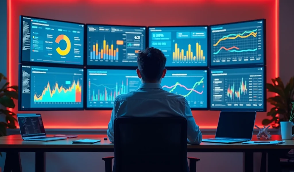 Profissional analisando gráficos de SEO e vendas em múltiplas telas digitais ultra detalhadas
