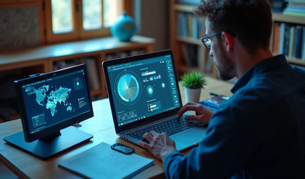 Equipe diversificada analisando gráficos de desempenho digital em laptop moderno no escritório