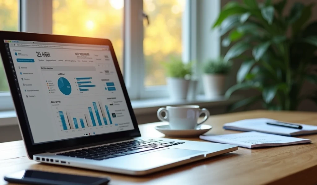 estrategias-seo-pequenas-empresas-989.webp Mesa de trabalho com laptop exibindo gráficos de SEO e pesquisa de palavras-chave, cercada por anotações, café e smartphone