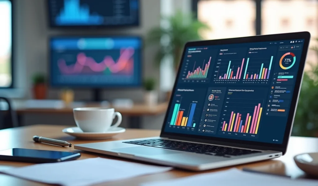Mesa de trabalho com laptop exibindo painel de anúncios digitais, gráficos coloridos e dados de campanhas de tráfego pago.