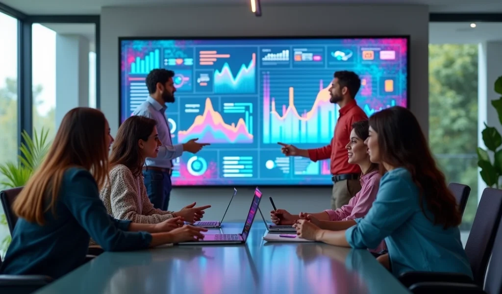 Equipe de marketing digital reunida analisando gráficos de vendas e fidelização em ambiente moderno