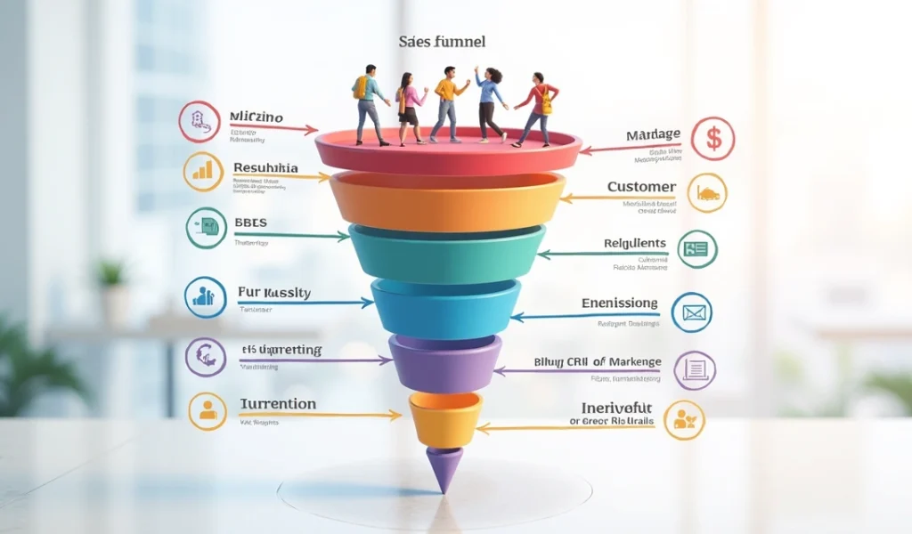 estrutura-funil-vendas-294.webp Diagrama detalhado de funil de vendas com etapas, setas coloridas e ícones de clientes e estratégias