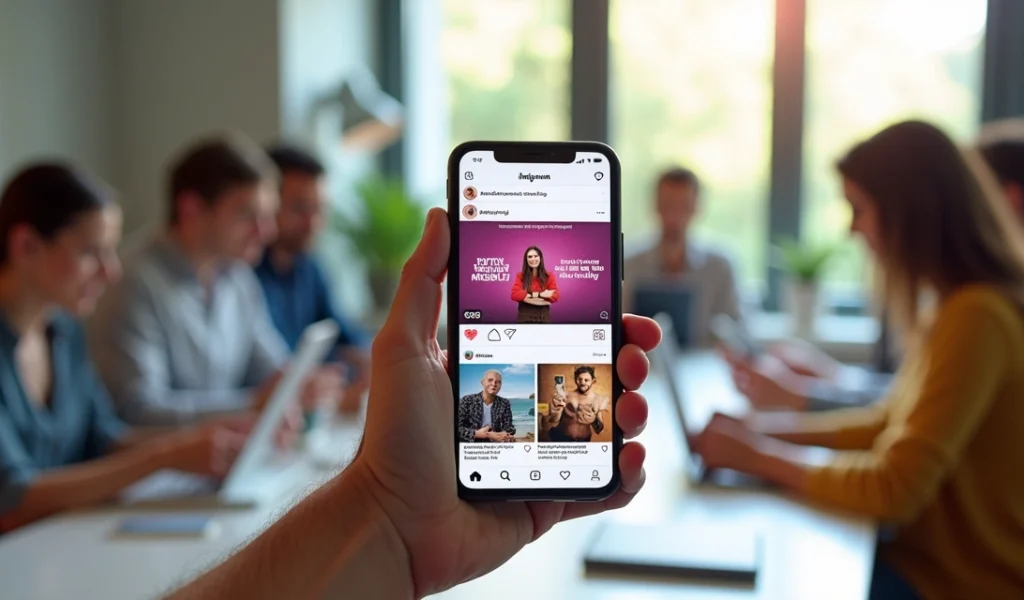 Smartphone mostrando um carrossel de Instagram com três atos distintos: introdução, desenvolvimento e desfecho, com textos e imagens vibrantes, pessoas interagindo com o conteúdo em ambiente moderno e