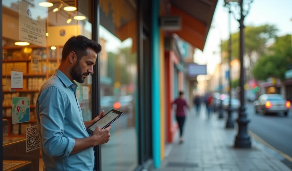 Dono de pequena loja em rua de Curitiba analisando SEO local em tablet diante da vitrine