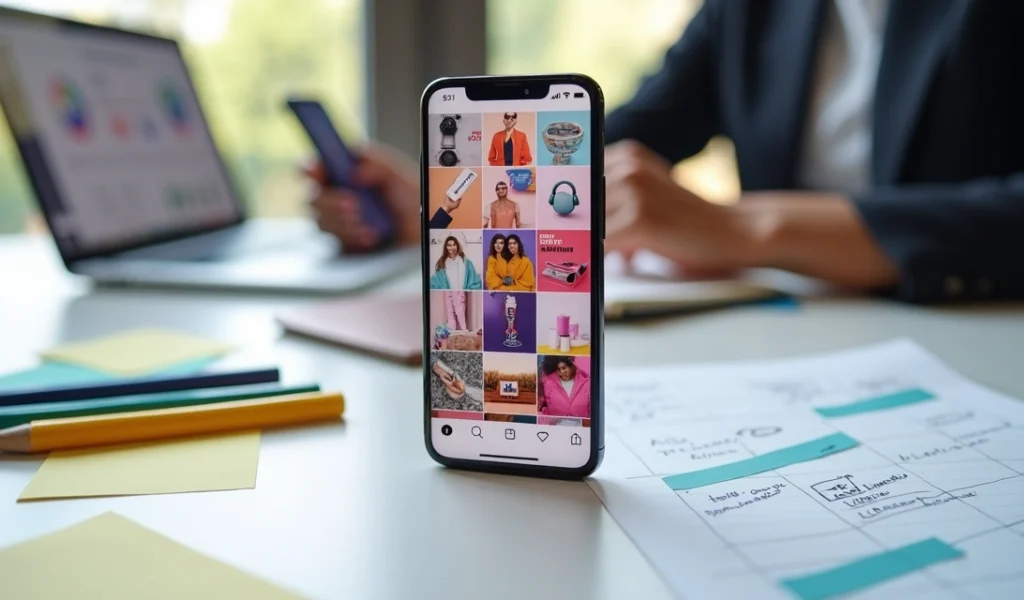 Grade de feed do Instagram organizada com posts coloridos e estratégicos em tela de smartphone