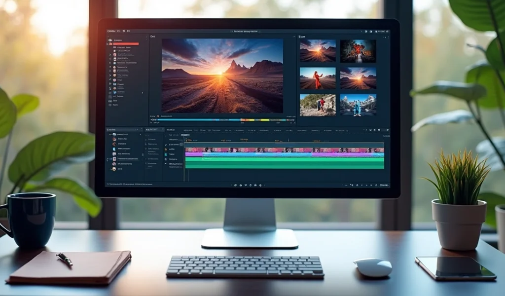 Tela de computador mostrando interface de software de edição de vídeo com automação e legendas geradas por IA