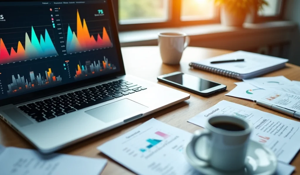 ferramentas-marketing-digitais-gratuitas-680.webp Mesa de trabalho com laptop exibindo gráficos de marketing digital, smartphone com redes sociais abertas e anotações com estratégias de vendas