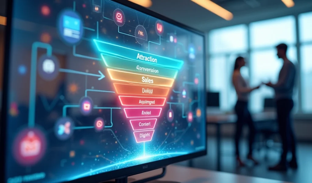 Fluxo ilustrado do funil de vendas inbound com etapas de atração, conversão, venda e encantamento em estilo moderno e detalhes digitais