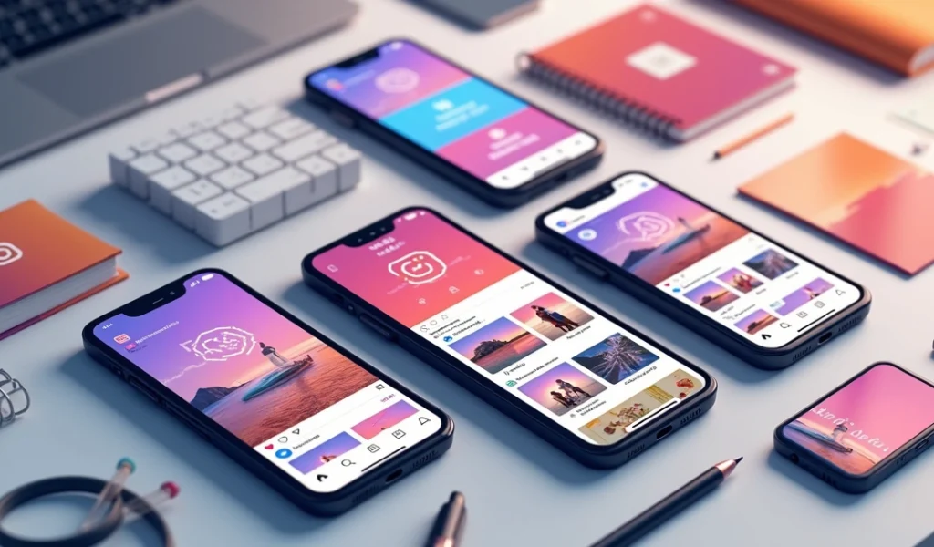 Ilustração digital mostrando diversos formatos de post do Instagram 2025 com tamanhos e proporções para feed, carrossel, stories e vídeos