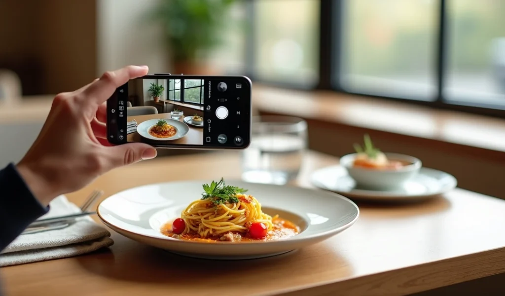 Pessoa fotografando prato em restaurante com celular usando luz natural