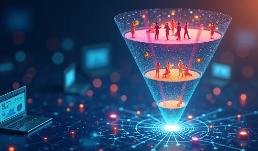 Representação detalhada e colorida de um funil de vendas digital com etapas topo, meio e fundo, ícones de pessoas e computadores conectados por setas