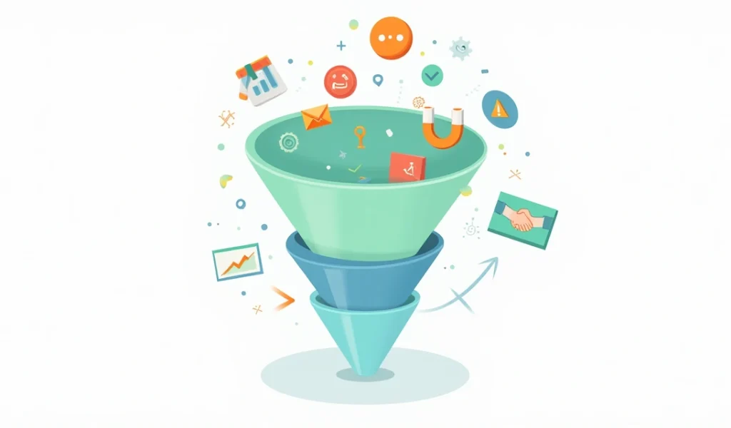funil-vendas-etapas-coloridas-409.webp Diagrama colorido ilustrando as etapas do funil de vendas inbound com ícones de atração, nutrição e conversão