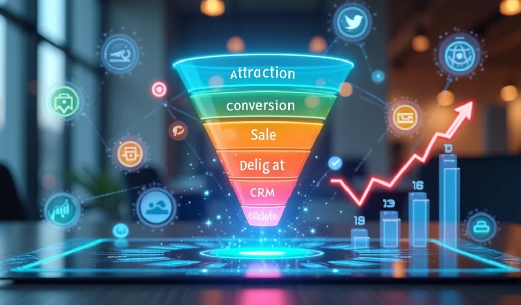 Representação detalhada do funil de vendas inbound com etapas de atração, conversão, venda e encantamento, em cores vibrantes e elementos digitais interativos