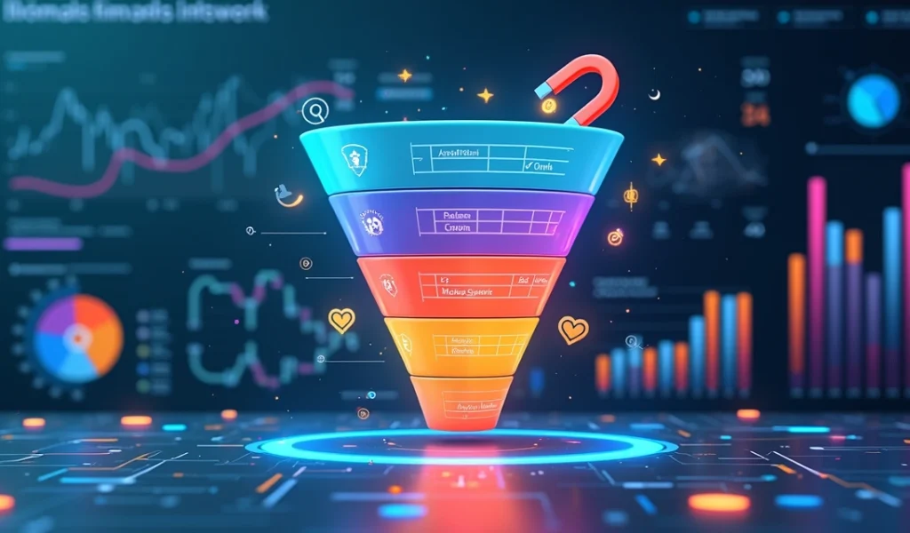 Representação do funil de vendas inbound dividido em quatro etapas coloridas com ícones de atração, conversão, venda e encantamento