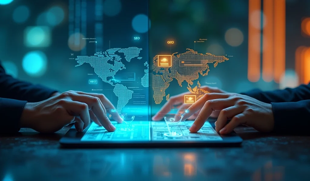 Interface digital futurista mostrando análise de SEO e GEO com gráficos e inteligência artificial