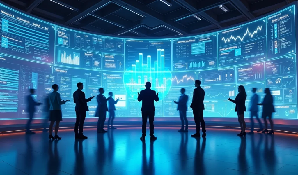 Ilustração ultra detalhada de um ambiente futurista com telas digitais exibindo gráficos de crescimento e dados de campanhas, pessoas interagindo com hologramas e ícones de inteligência artificial e a