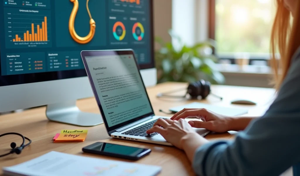 Profissional de marketing digitando em laptop com gancho em destaque na tela