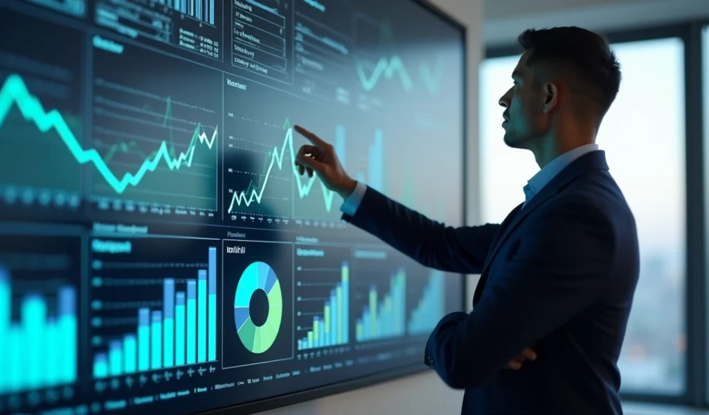 Empresário analisando gráficos de leads orgânicos em tela digital colorida