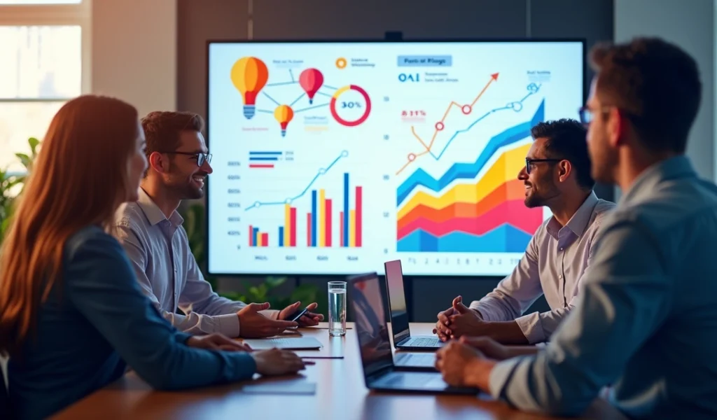 Equipe de marketing colaborando com gráficos de crescimento e ícones digitais de leads qualificados na tela