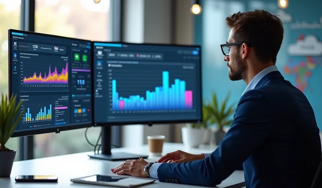 Profissional de marketing digital gerenciando redes sociais com múltiplas telas e gráficos de desempenho