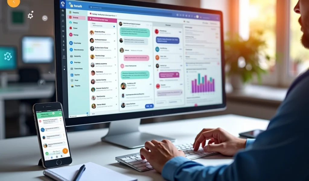 Profissional gerenciando comentários e directs em várias redes sociais no computador