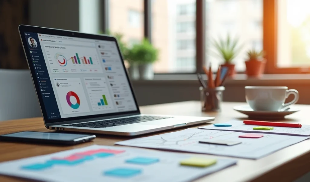 Mesa de trabalho com laptop, smartphone e anotações, mostrando planejamento estratégico para redes sociais