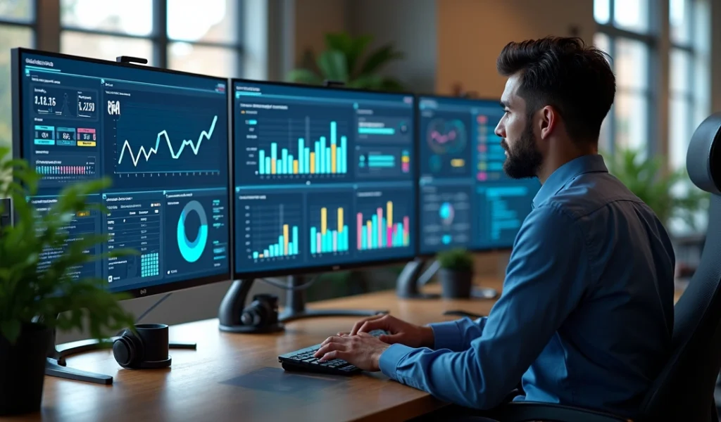 Profissional de marketing digital analisando dados de leads em múltiplos monitores com gráficos e CRM aberto