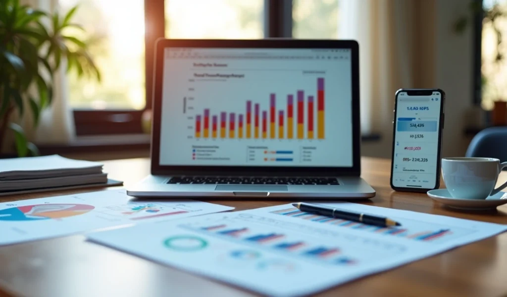 Mesa de trabalho com notebook exibindo gráficos de desempenho de marketing digital, smartphone mostrando redes sociais e planilha com campanhas pagas