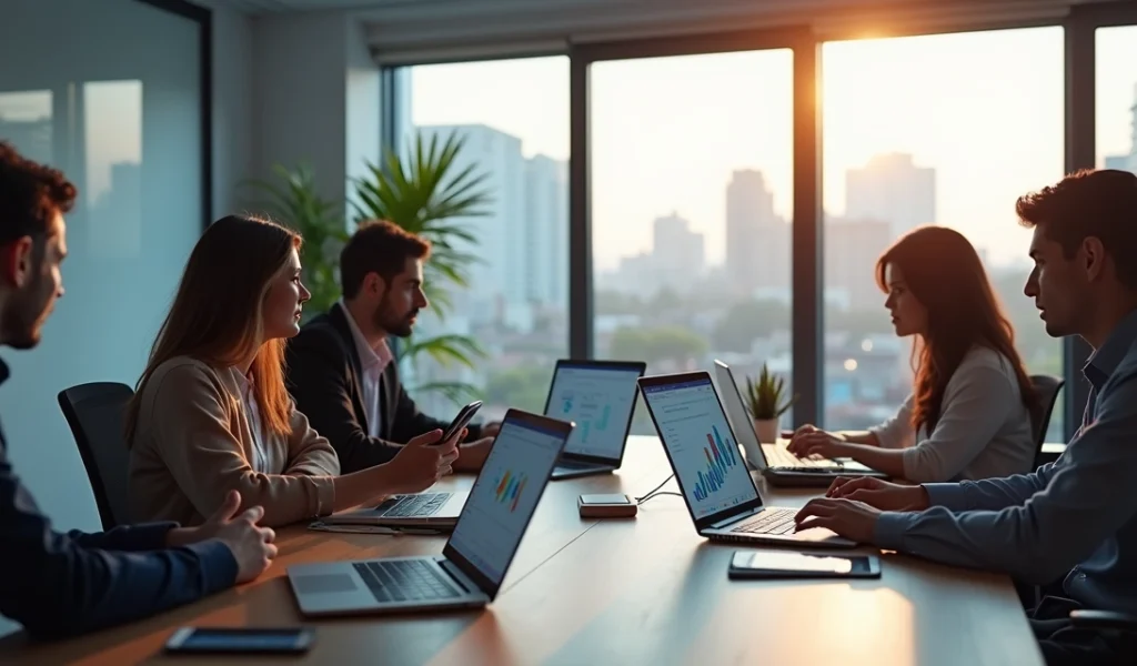 Equipe de profissionais trabalhando em gestão de redes sociais com laptop, gráficos digitais e smartphones