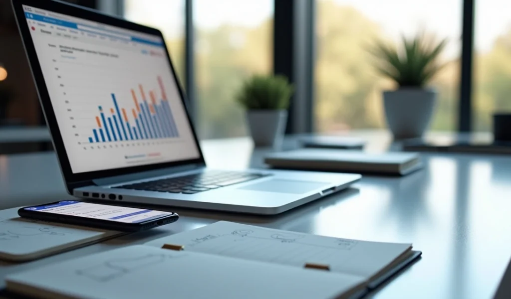 Mesa de trabalho com laptop exibindo gráficos de redes sociais, smartphone mostrando aplicativos de Facebook e Instagram, cadernos e anotações com estratégias de marketing digital em um ambiente moder