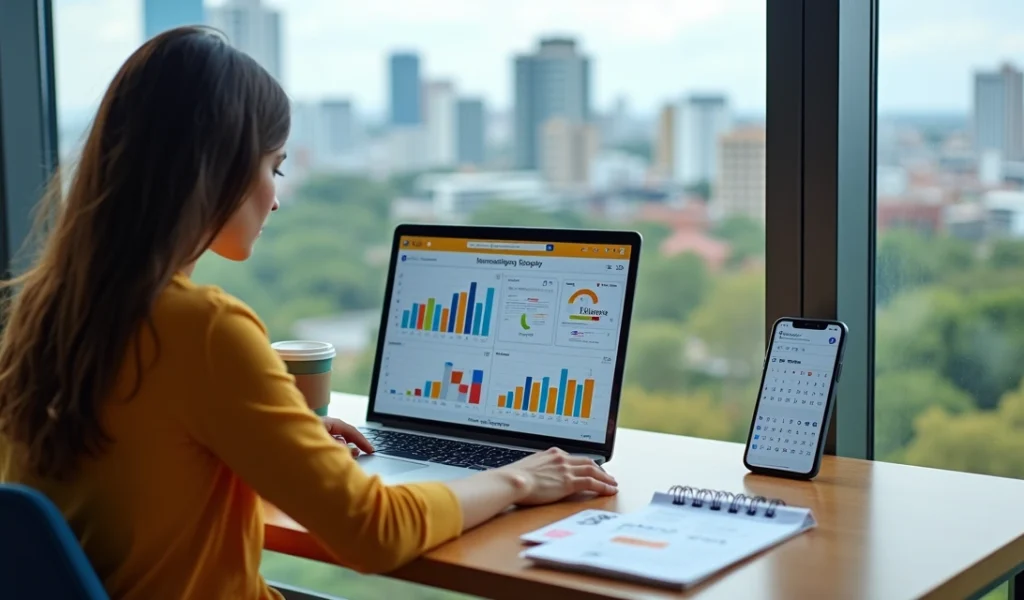 Profissional analisando redes sociais em laptop com vista de Curitiba ao fundo