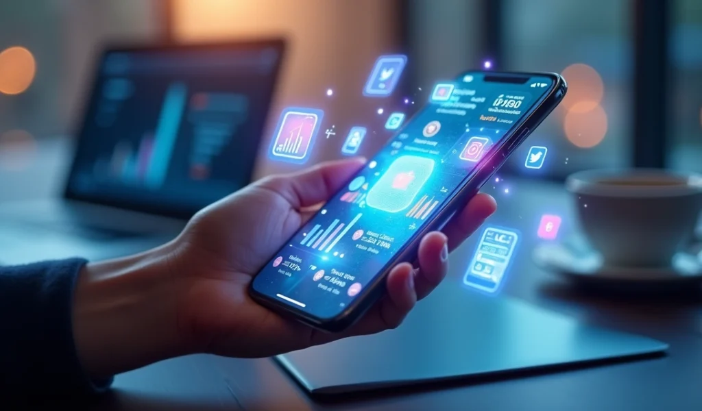 Mão segurando smartphone com redes sociais abertas e gráficos de engajamento ao redor