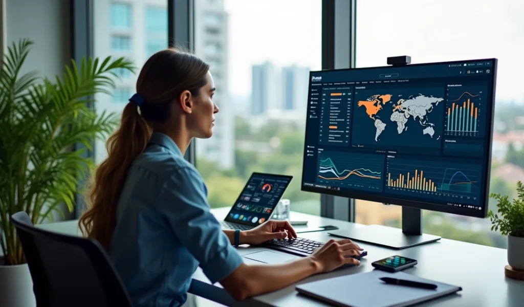 Profissional de marketing digital analisando gráficos de redes sociais em computador com vista para Curitiba ao fundo