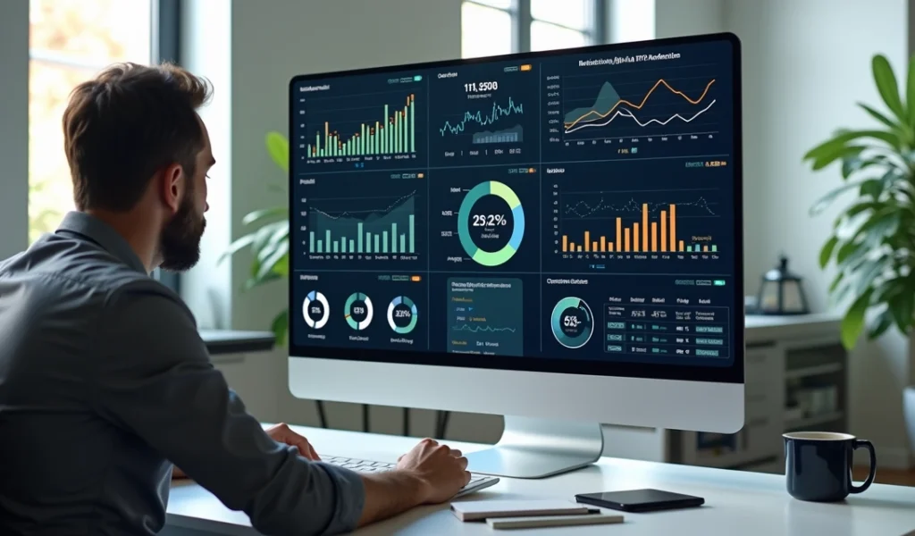 Gestor analisando gráficos e KPIs de marketing digital na tela do computador
