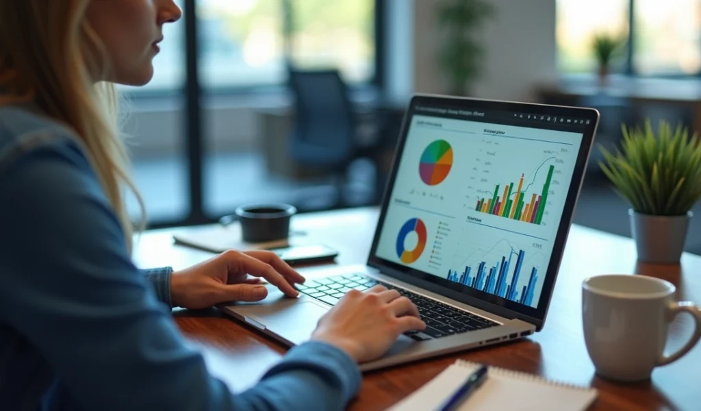 Gestor consultando métricas de marketing digital em laptop com gráficos coloridos na tela