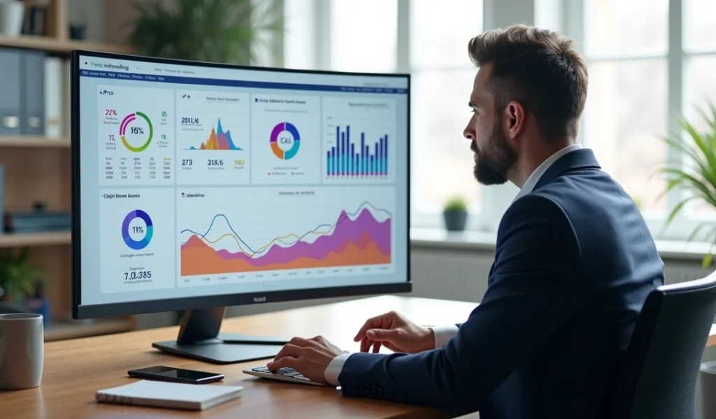 Gestor analisando gráficos de dados de marketing digital no computador