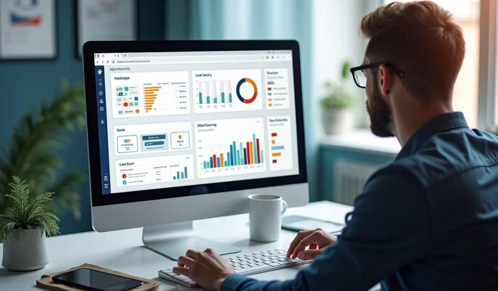 Gestor de pequena empresa em escritório moderno usando computador com telas mostrando plataformas de automação de marketing