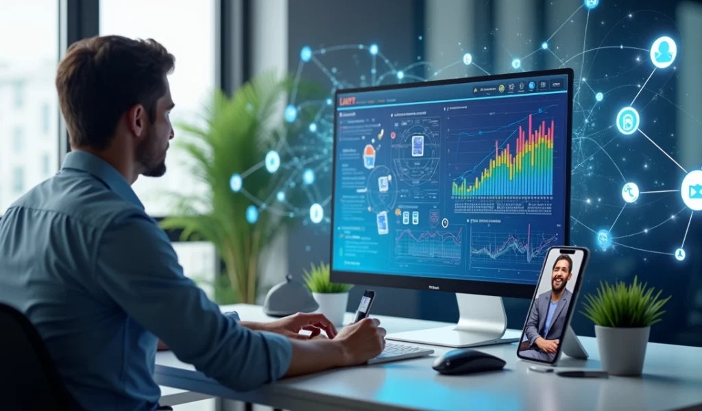 Pessoa analisando gestão de redes sociais em computador com gráficos e ícones digitais ao redor