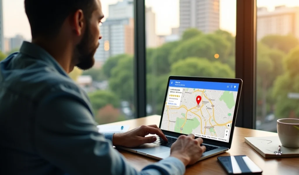 Empresário vendo no notebook a empresa em destaque no mapa do Google em Curitiba