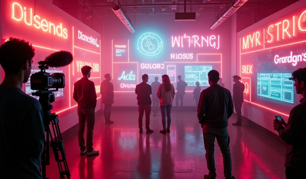 Cena estilizada de bastidores de Hollywood com elementos visuais de marketing e marcas icônicas ao fundo