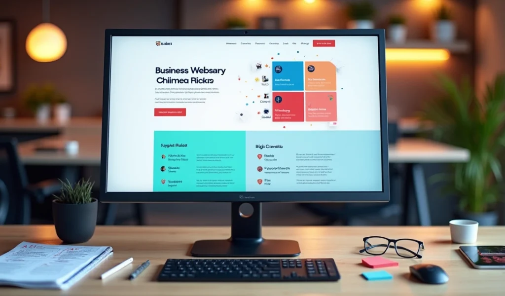 Tela de computador exibindo homepage profissional de empresa em ambiente de escritório moderno