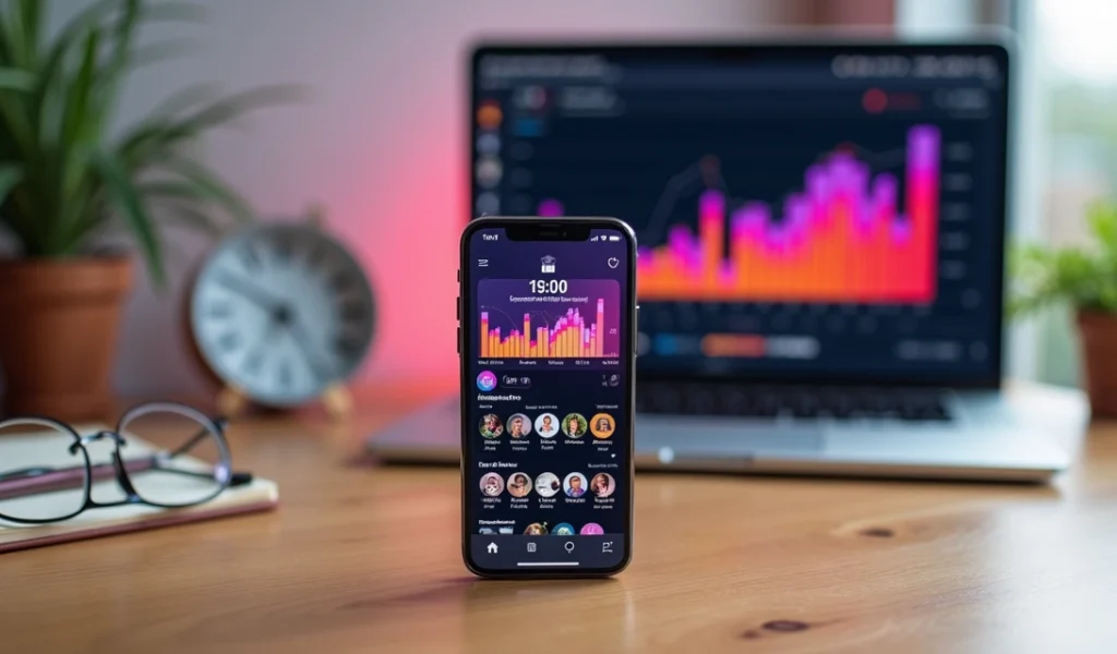 Tela de celular com Instagram aberto ao lado de um relógio sobre mesa de trabalho moderna