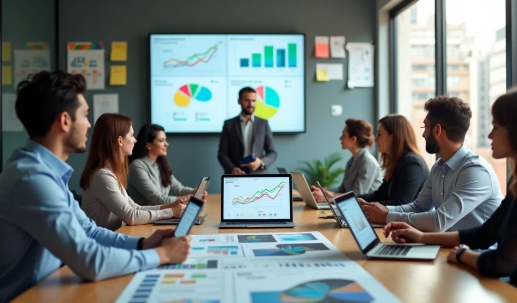 identificacao-perfis-clientes-902.webp Mesa de reunião com profissionais analisando perfis de clientes em gráficos coloridos e telas digitais