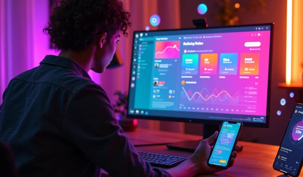 Empreendedora analisando estratégias de conteúdo do Instagram 2026 em vários dispositivos
